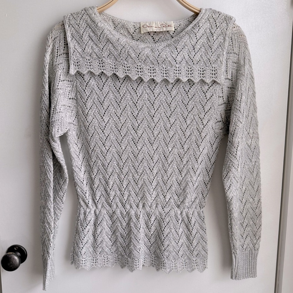 Oscar de la Renta Pointelle Knit Sweater Scalloped Collar Gray Small